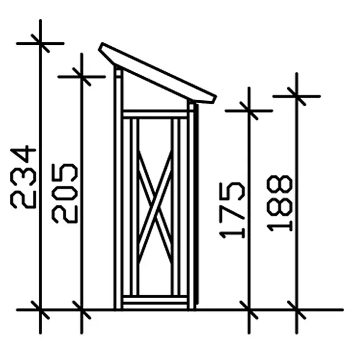 SKAN HOLZ Kaminholzregal Lars 1 - 240 x 102 x 234 cm, Holz, Natur - Schematische Darstellung eines Vogelhauses mit detaillierten Maßangaben. Die Höhe beträgt 234 Einheiten, die Breite variiert zwischen 175 und 188 Einheiten.