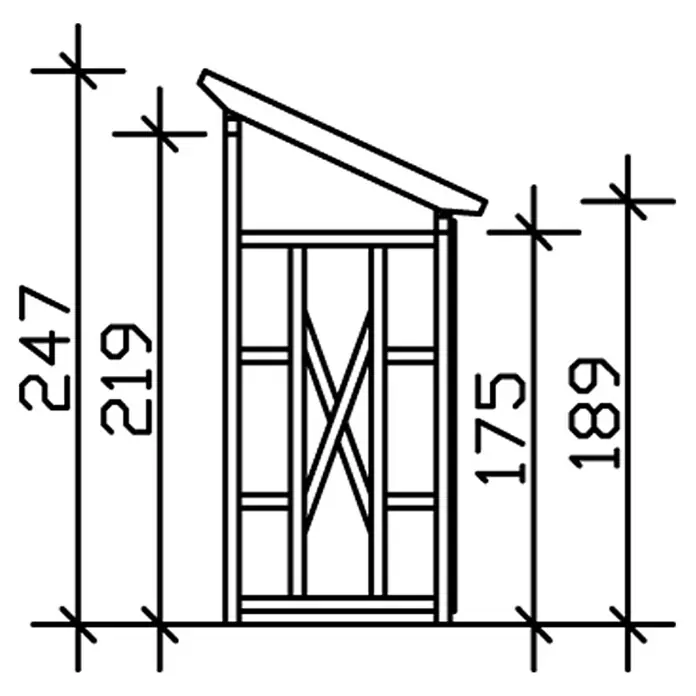 SKAN HOLZ Kaminholzregal Lars 2 - 290 x 128 x 247 cm, Holz, Natur - Schematische Zeichnung einer Holzkiste mit Maßen: Gesamthöhe 247, Korpushöhe 219, vordere Höhe 175 und Gesamttiefe 189.