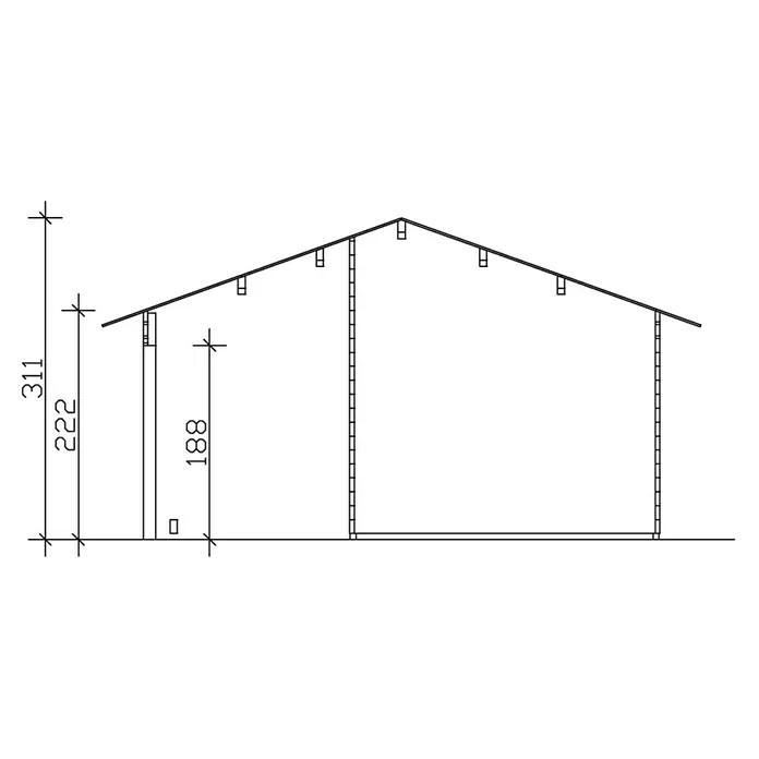 SKAN HOLZ Gartenhaus Luzern - Außenmaß inkl. Dachüberstand (B x T): 460 x 580 cm, Holz, Natur, Dachschalung & Dachlattung - Abbildung einer zweistöckigen Rahmenkonstruktion mit Maßangaben. Dient als Bauplan oder architektonische Darstellung.