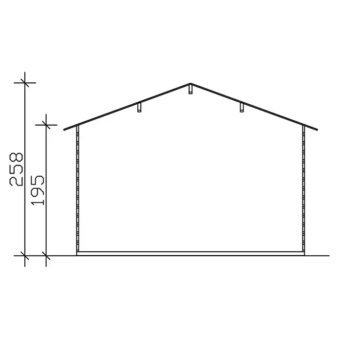 SKAN HOLZ Gartenhaus Malaga 1 - Außenmaß inkl. Dachüberstand (B x T): 380 x 400 cm, Holz, Natur - Dieses Bild zeigt einen architektonischen Aufriss eines Hauses mit den Maßen 258 und 195. Es zeigt eine seitliche Ansicht des Hausgrundrisses.