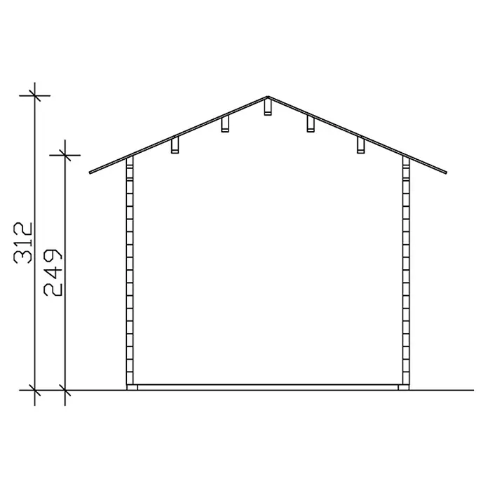 SKAN HOLZ Gartenhaus Montreal 1 - Außenmaß inkl. Dachüberstand (B x T): 500 x 380 cm, Holz, Natur, Dachschalung & Dachlattung - Abbildung des Aufrisses eines Gebäudes, der seine Höhe und Dachkonstruktion zeigt, ideal für Architekten und Bauingenieure.