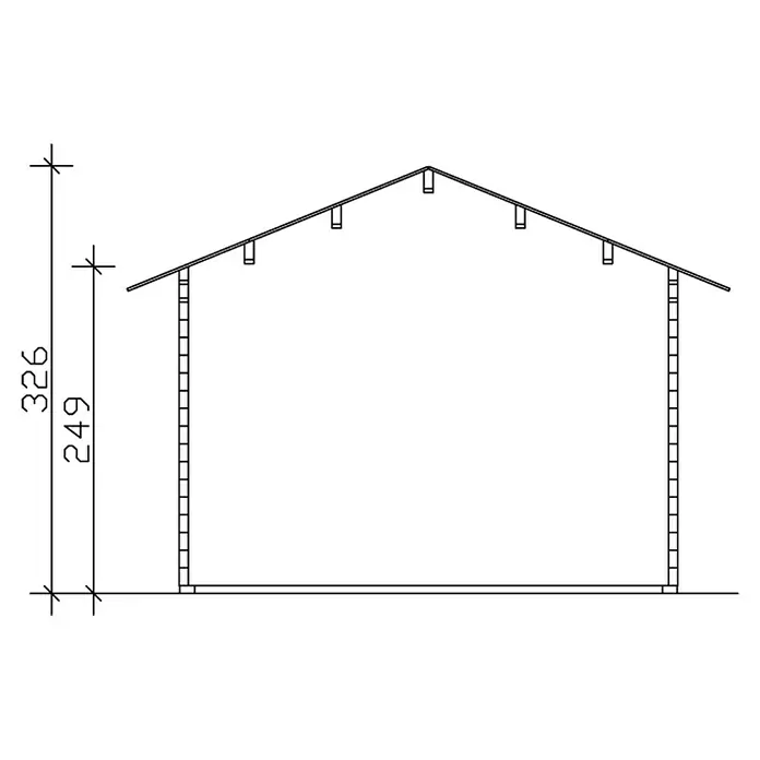 SKAN HOLZ Gartenhaus Montreal 2 - Außenmaß inkl. Dachüberstand (B x T): 500 x 460 cm, Holz, Natur, Dachschalung & Dachlattung - Eine Querschnittdarstellung eines Gebäudes, mit Höhenangaben von 249 und 326. Detaillierte Bauzeichnung für Architekten und Bauingenieure.
