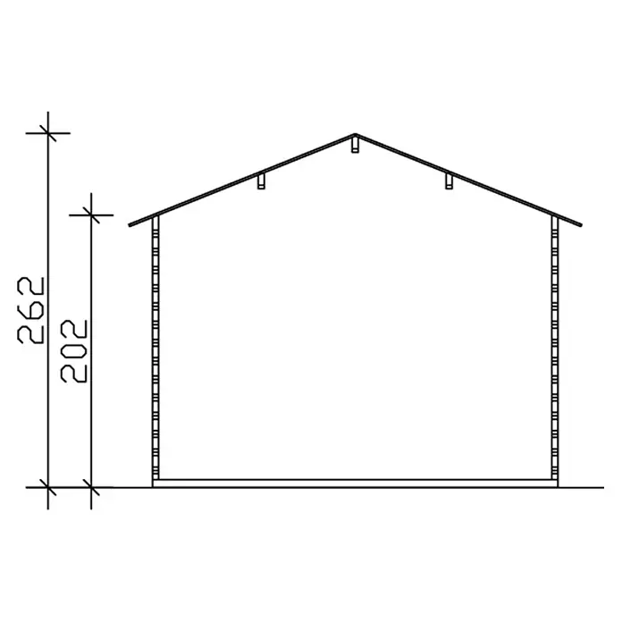 SKAN HOLZ Gartenhaus Narvik 2 - Außenmaß inkl. Dachüberstand (B x T): 340 x 400 cm, Holz, Natur - Schemazeichnung eines Holzhauses mit Höhenangaben für Wände und Dach.
