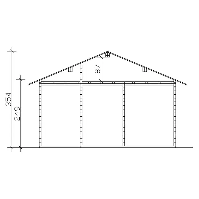 SKAN HOLZ Gartenhaus Ontario - Außenmaß inkl. Dachüberstand (B x T): 680 x 580 cm, Holz, Natur, 1 Lage Dachschalung - Skizze des Hausquerschnitts mit detaillierten Maßen, die die Gesamthöhe und die Dachhöhe zeigt, ideal für Bau- oder Renovierungspläne.