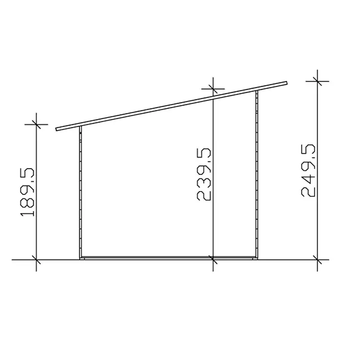Gartenhaus Ostende - Außenmaß inkl. Dachüberstand (B x T): 390 x 310 cm, Holz, Schwedenrot - Abbildung mit den Maßangaben der Konstruktion mit den Höhen 189.5, 239.5 und 249.5. Dies ermöglicht ein besseres Verständnis der Struktur.