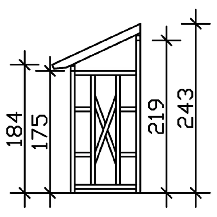SKAN HOLZ Kaminholzregal Paul 2 - 290 x 126 x 243 cm, Holz, Natur - Schemazeichnung eines Holzschuppens mit Diagonalverstrebung, die die Höhenmaße 175/184 und 219/243 zeigt, was einen detaillierten Blick auf die Struktur ermöglicht.