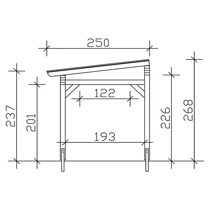 SKAN HOLZ Terrassenüberdachung Sanremo - B x T: 434 x 250 cm, Eiche Hell, Fichtenholz - Detailzeichnung eines Holzunterstandes mit Maßangaben. Konstruktionszeichnung zur Veranschaulichung der Abmessungen und Bauweise.