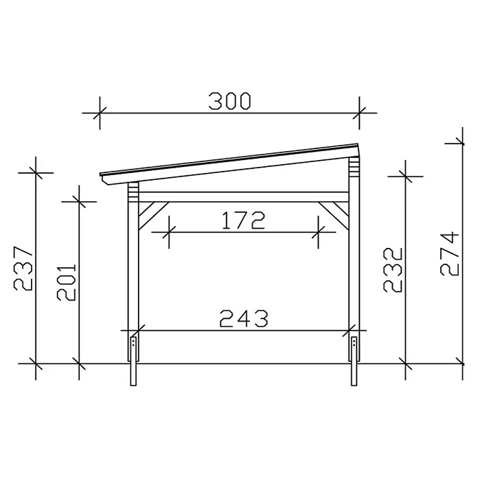 SKAN HOLZ Terrassenüberdachung Sanremo - B x T: 434 x 300 cm, Schiefergrau, Fichtenholz - Schemazeichnung einer hölzernen Unterstandskonstruktion mit Maßangaben, die die Abmessungen und Struktur des Bauwerks verdeutlichen.