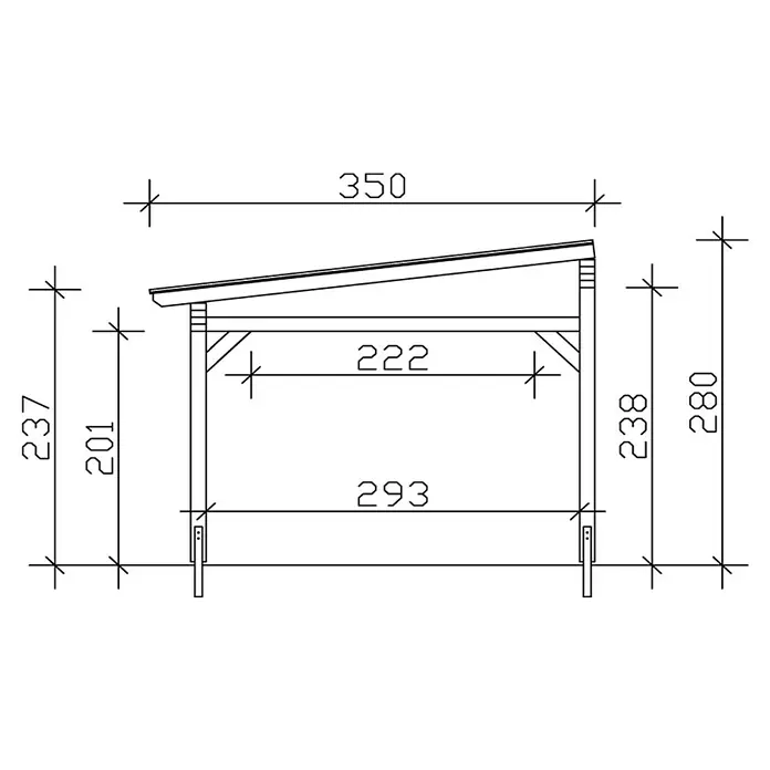 SKAN HOLZ Terrassenüberdachung Sanremo - B x T: 541 x 350 cm, Eiche Hell, Fichtenholz - Technische Zeichnung eines Holzunterstandes mit Maßangaben für Bau oder Planung.