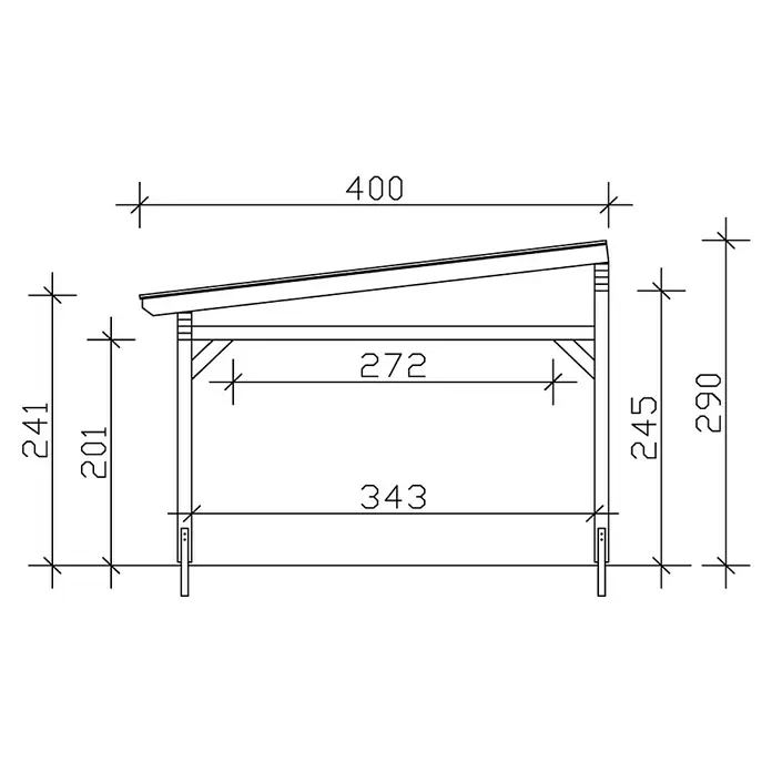 SKAN HOLZ Terrassenüberdachung Sanremo - B x T: 648 x 400 cm, Weiß, Fichtenholz - Konstruktionszeichnung einer Holzstruktur mit den Maßen 400 x 343 x 241. Die Zeichnung zeigt die Details und Abmessungen des Objekts.