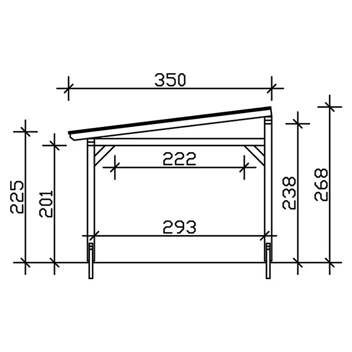 SKAN HOLZ Terrassenüberdachung Siena - B x T: 541 x 350 cm, Fichtenholz, Natur - Schemazeichnung eines Holzschuppens mit Maßangaben, die Details zu Größe und Konstruktion des Schuppens zeigen.