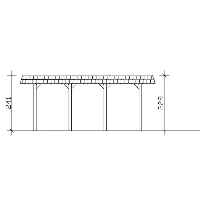 SKAN HOLZ Carport Spreewald - Außenmaß inkl. Dachüberstand (B x T): 3,45 x 5,89 m, Einzelcarport, Grün, Farbe Dach: Aluminium, Aluminium-Dachplatten - Bauzeichnung einer hölzernen Pergola mit Ziegeldach und Höhenangaben für Planung oder Bau.