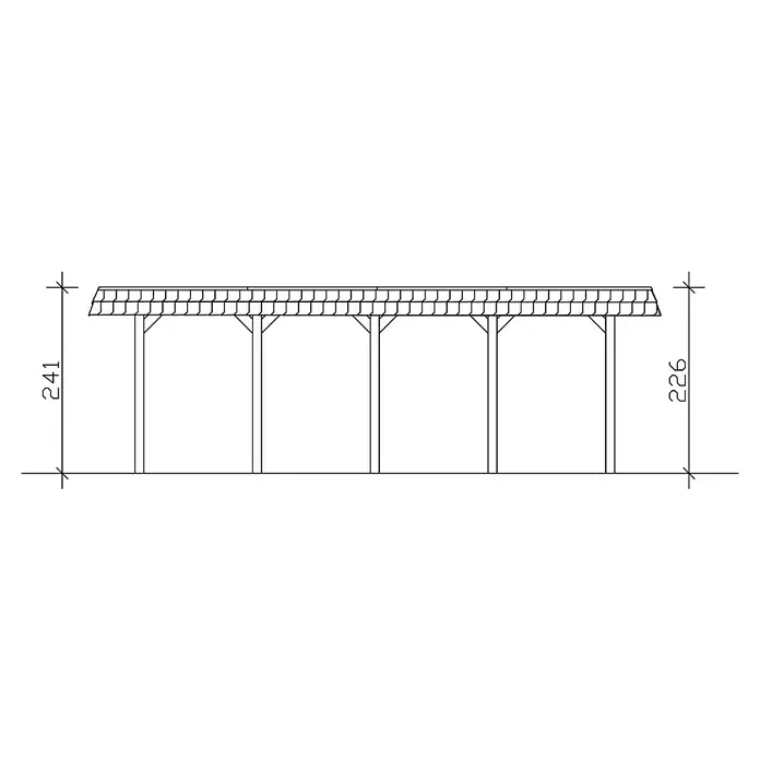 SKAN HOLZ Carport Spreewald - Außenmaß inkl. Dachüberstand (B x T): 3,45 x 7,41 m, Einzelcarport, Grün, Farbe Dach: Rot, Materialspezifizierung Dach: Aluminium-Dachplatten - Skizze einer Überdachung mit vier Stützen, die die Struktur und die angegebenen Höhenmaße (241 und 226) hervorhebt.