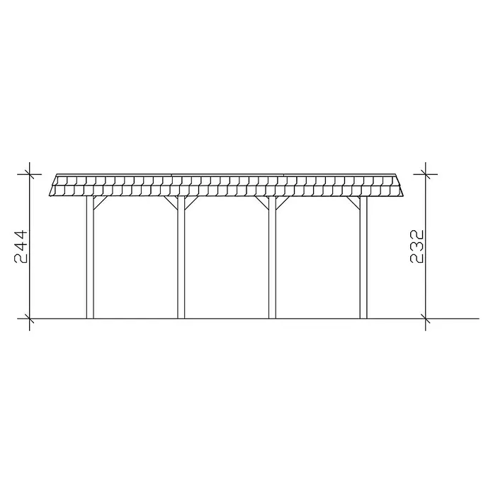 SKAN HOLZ Carport Spreewald - Außenmaß inkl. Dachüberstand (B x T): 3,96 x 5,89 m, Einzelcarport, Grün, Farbe Dach: Aluminium, Dachschalung mit EPDM-Folie - Zeichnung eines überdachten Unterstands mit Abmessungen, die die Höhe der Pfosten und die Gesamthöhe angeben.