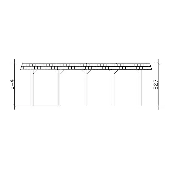 SKAN HOLZ Carport Spreewald - Außenmaß inkl. Dachüberstand (B x T): 3,96 x 7,41 m, Einzelcarport, Grün, Farbe Dach: Rot, Dachschalung mit EPDM-Folie - Abbildung einer Pergola mit Ziegelbedachung, die von vier Säulen getragen wird. Die Maße sind angegeben.