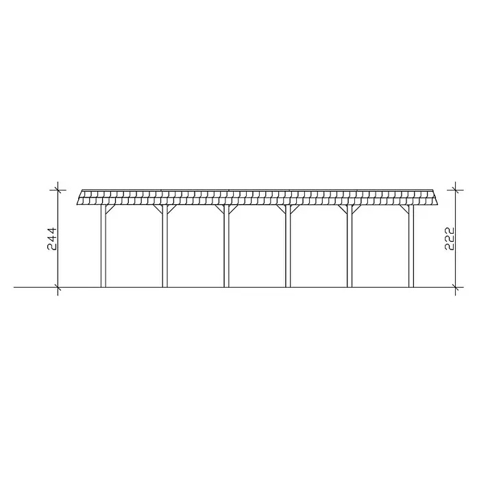 SKAN HOLZ Carport Spreewald - Außenmaß inkl. Dachüberstand (B x T): 3,96 x 8,93 m, Einzelcarport, Grün, Farbe Dach: Rot, Dachschalung mit EPDM-Folie - Ansicht eines Carports mit Ziegeldach und Holzpfosten. Die Höhe beträgt 244 und 222 Einheiten.
