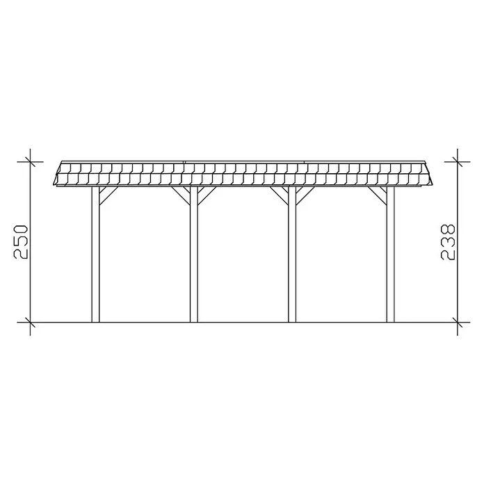 SKAN HOLZ Carport Spreewald - Außenmaß inkl. Dachüberstand (B x T): 5,85 x 5,89 m, Doppelcarport, Grün, Farbe Dach: Aluminium, Dachschalung mit EPDM-Folie - Schematische Darstellung eines Pavillons mit Maßangaben. Die Höhe der Pfosten beträgt 238, die Gesamthöhe des Pavillons 250.