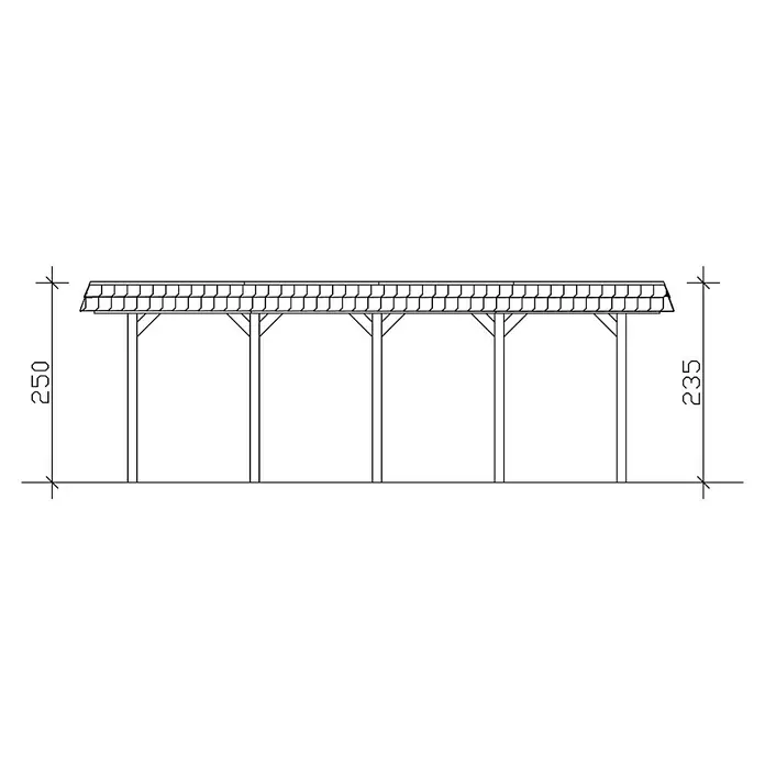 SKAN HOLZ Carport Spreewald - Außenmaß inkl. Dachüberstand (B x T): 5,85 x 7,41 m, Doppelcarport, Nussbaum, Farbe Dach: Aluminium, Dachschalung mit EPDM-Folie - Darstellung eines Pavillons mit Ziegelbedachung und vier Stützpfeilern, ergänzt durch Maßangaben für Baupläne oder Konstruktionszeichnungen.