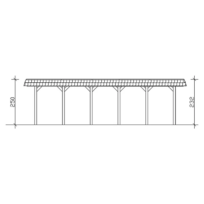 SKAN HOLZ Carport Spreewald - Außenmaß inkl. Dachüberstand (B x T): 5,85 x 8,93 m, Doppelcarport, Grün, Farbe Dach: Rot, Materialspezifizierung Dach: Aluminium-Dachplatten - Eine detaillierte Skizze eines Carports mit Ziegeldach, der auf sechs Stützen ruht. Die Zeichnung zeigt präzise die Konstruktionsdetails.
