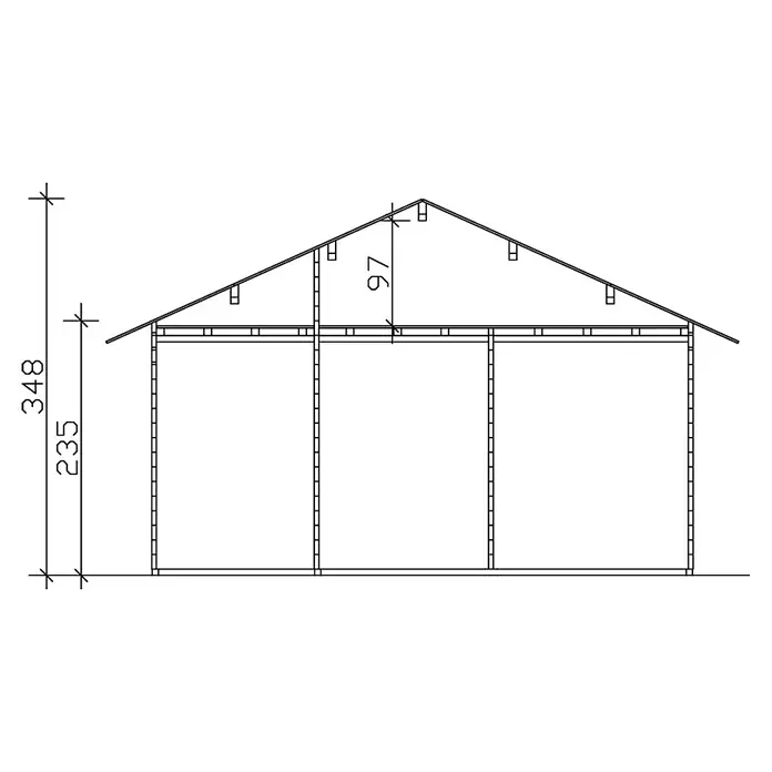 SKAN HOLZ Gartenhaus St. Moritz - Außenmaß inkl. Dachüberstand (B x T): 680 x 580 cm, Holz, Natur, 1 Lage Dachschalung - Eine schematische Darstellung eines Schuppens mit Maßen. Die Höhe des Schuppens beträgt 348 und die Wandhöhe 235.