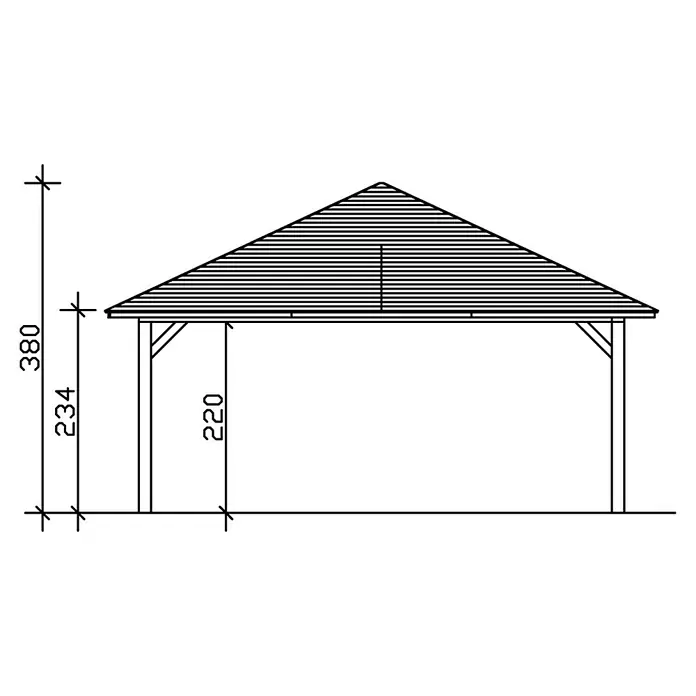 SKAN HOLZ Carport Taunus - Außenmaß inkl. Dachüberstand (B x T): 11,76 x 6,34 m, Doppelcarport, Nussbaum - Schemazeichnung eines Pavillons mit Maßen, die die Gesamthöhe (380), die Höhe der Säulen (234) und die Durchgangshöhe (220) angeben.