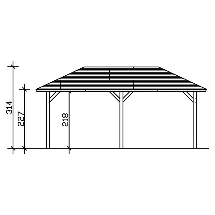 SKAN HOLZ Carport Taunus - Außenmaß inkl. Dachüberstand (B x T): 3,74 x 6,56 m, Einzelcarport, Nussbaum - Schemazeichnung eines Pavillons mit Höhenangaben. Das Design zeigt die Struktur mit Dach und Pfosten, inklusive Höhenbemaßungen.