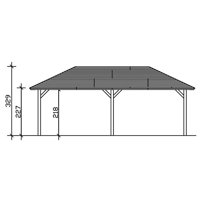 SKAN HOLZ Carport Taunus - Außenmaß inkl. Dachüberstand (B x T): 4,39 x 7,86 m, Einzelcarport, Natur - Abbildung eines Pavillons mit Maßangaben der Höhe der Stützpfeiler und des Dachs für Bauzeichnungen.