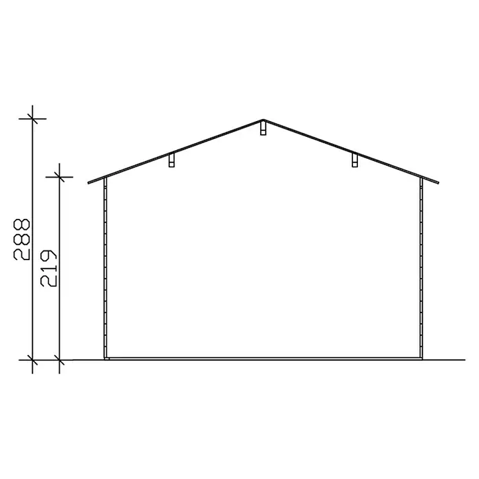 SKAN HOLZ Gartenhaus Tilburg - Außenmaß inkl. Dachüberstand (B x T): 653 x 420 cm, Holz, Schwedenrot - Schematische Darstellung eines Gebäudes mit Maßangaben. Die Höhe beträgt 288, die Wandhöhe 219.