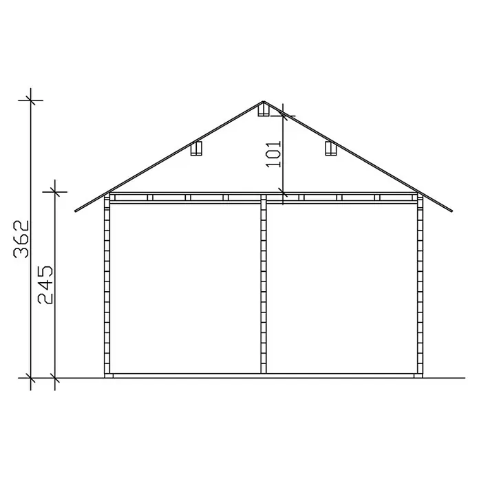 SKAN HOLZ Gartenhaus Toronto 4 - Außenmaß inkl. Dachüberstand (B x T): 500 x 740 cm, Holz, Natur, 27,72 m², 1 Lage Dachschalung - Technische Zeichnung eines zweistöckigen Gebäudes mit Maßangaben.