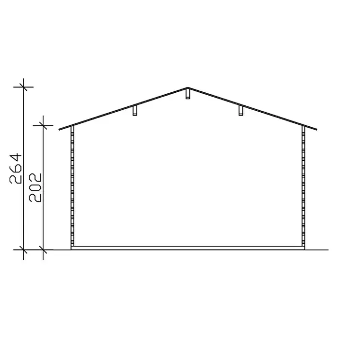 SKAN HOLZ Gartenhaus Trondheim 1 - Außenmaß inkl. Dachüberstand (B x T): 420 x 400 cm, Holz, Natur - Querschnitt eines Gebäudes mit Maßen. Die Höhe bis zur Dachspitze beträgt 264 und bis zur Dachtraufe 202.