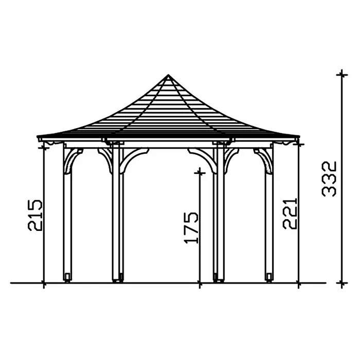 SKAN HOLZ Pavillon Versailles - L x B: 360 x 418 cm, Weiß - Abbildung eines Gartenpavillons mit Höhenangaben, die die Gesamthöhe und Details der Pfosten und der Konstruktion zeigen.