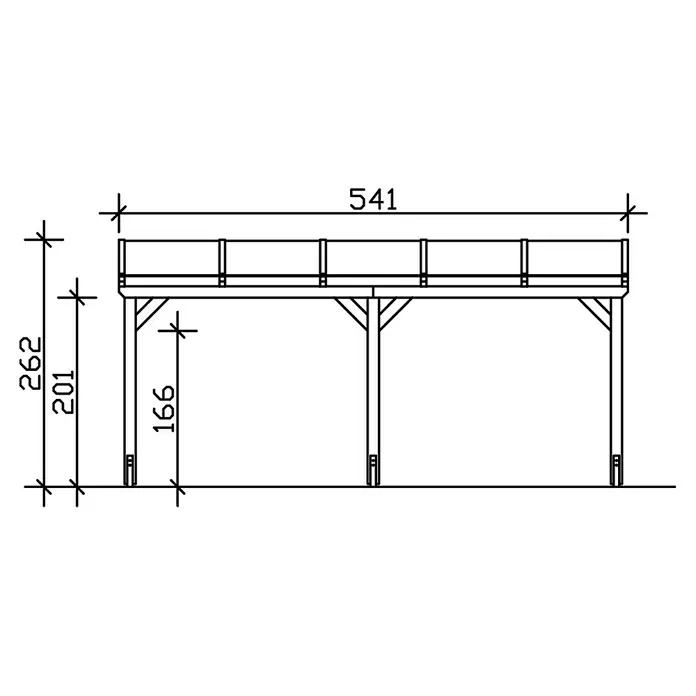 SKAN HOLZ Carport Vogtland - Außenmaß inkl. Dachüberstand (B x T): 3 x 5,41 m, Einzelcarport, Weiß - Skizze eines erhöhten Holzdecks mit Maßangaben: 541 cm Länge, 262 cm Höhe, 201 cm Plattformhöhe und 166 cm Pfostenhöhe.