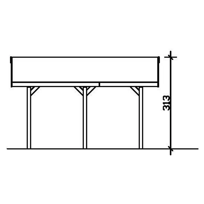 SKAN HOLZ Carport Wallgau - Außenmaß inkl. Dachüberstand (B x T): 3,8 x 5 m, Einzelcarport, Nussbaum, Schwarze Bitumenschindeln - Illustration eines Pavillons mit einer Höhenangabe von 313 mm, ideal für Baupläne und technische Zeichnungen.