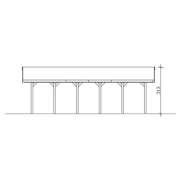 SKAN HOLZ Carport Wallgau - Außenmaß inkl. Dachüberstand (B x T): 3,8 x 9 m, Einzelcarport, Schiefergrau, Rote Bitumenschindeln - Abbildung eines Carports mit sechs Stützen und einem darüber liegenden Dach, das Schutz vor Witterungseinflüssen bietet, Gesamtkonstruktionshöhe 313.