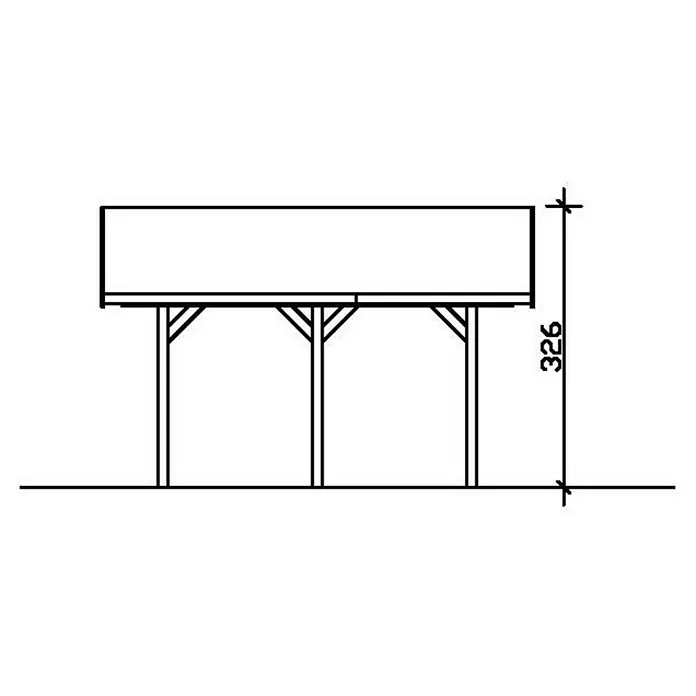 SKAN HOLZ Carport Wallgau - Außenmaß inkl. Dachüberstand (B x T): 4,3 x 5 m, Einzelcarport, Nussbaum, Schwarze Bitumenschindeln - Abbildung einer Holzkonstruktion mit Stützpfeilern, die eine rechteckige Plattform tragen, und einer Höhenangabe von 326.