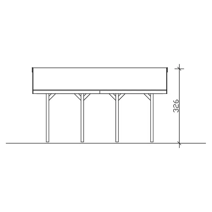 SKAN HOLZ Carport Wallgau - Außenmaß inkl. Dachüberstand (B x T): 4,3 x 6 m, Einzelcarport, Schiefergrau, Schwarze Bitumenschindeln - Darstellung einer skizzenhaften Ansicht eines erhöhten Gerätehauses oder eines Unterstandes mit Stützpfosten und Maßangabe.