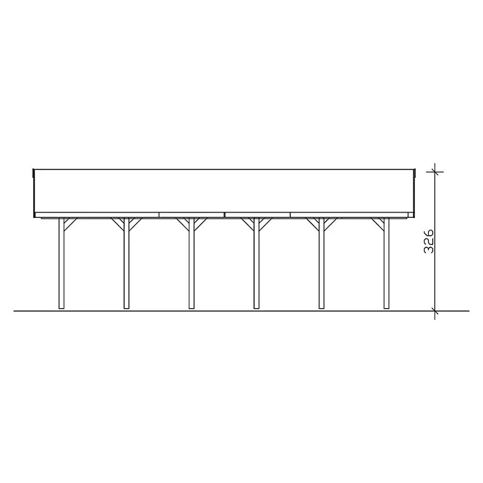 SKAN HOLZ Carport Wallgau - Außenmaß inkl. Dachüberstand (B x T): 4,3 x 9 m, Einzelcarport, Nussbaum, Schwarze Bitumenschindeln - Draufsicht des Carports mit Trägern, Überdachung und Höhenangabe. Die Höhe des Bauwerks beträgt 326. Die Stützkonstruktion ist aus Holz.