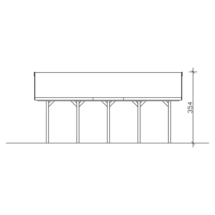 SKAN HOLZ Carport Wallgau - Außenmaß inkl. Dachüberstand (B x T): 6,2 x 7,5 m, Doppelcarport, Schiefergrau, Rote Bitumenschindeln - Detaillierte Zeichnung eines Carports mit vier Pfosten, die die Konstruktion tragen. Die Gesamtbauhöhe beträgt 354 Einheiten.