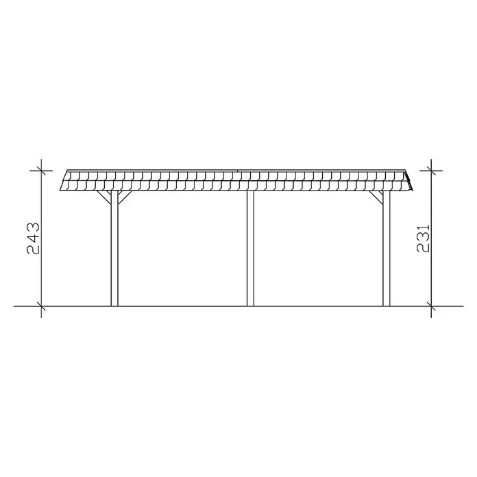 SKAN HOLZ Carport Wendland - Außenmaß inkl. Dachüberstand (B x T): 3,62 x 6,28 m, Einzelcarport, Natur, Farbe Dach: Anthrazit, Dachschalung mit EPDM-Folie - Technische Zeichnung eines überdachten Unterstandes mit Höhenangaben. Die Konstruktion besteht aus Pfosten und einem Dach mit Ziegelmuster.