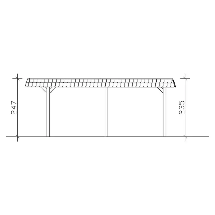 SKAN HOLZ Carport Wendland - Außenmaß inkl. Dachüberstand (B x T): 4,09 x 6,28 m, Einzelcarport, Schiefergrau, Farbe Dach: Anthrazit, Materialspezifizierung Dach: EPDM-Folie, Fichte - Zeichnung eines Carports mit Abmessungen, die die Höhe des Carports und der Pfosten zeigen. Die Skizze zeigt ein Carport mit schindelgedecktem Dach.