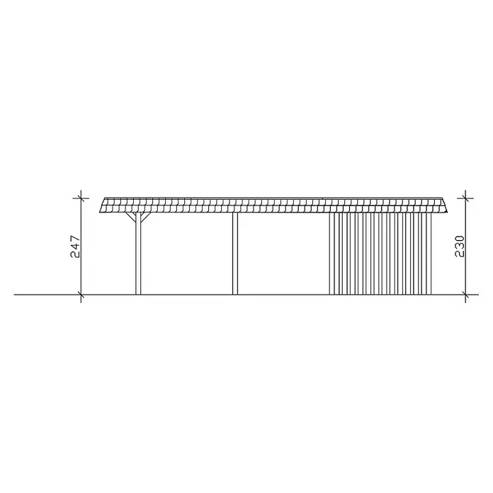 SKAN HOLZ Carport Wendland - Außenmaß inkl. Dachüberstand (B x T): 4,09 x 8,7 m, Einzelcarport, Eiche Hell, Farbe Dach: Anthrazit, Materialspezifizierung Dach: EPDM-Folie, Fichte, Mit Abstellraum - Schematische Darstellung eines Unterstandes mit Dach und einer Wand mit den Höhenangaben 247 und 230.