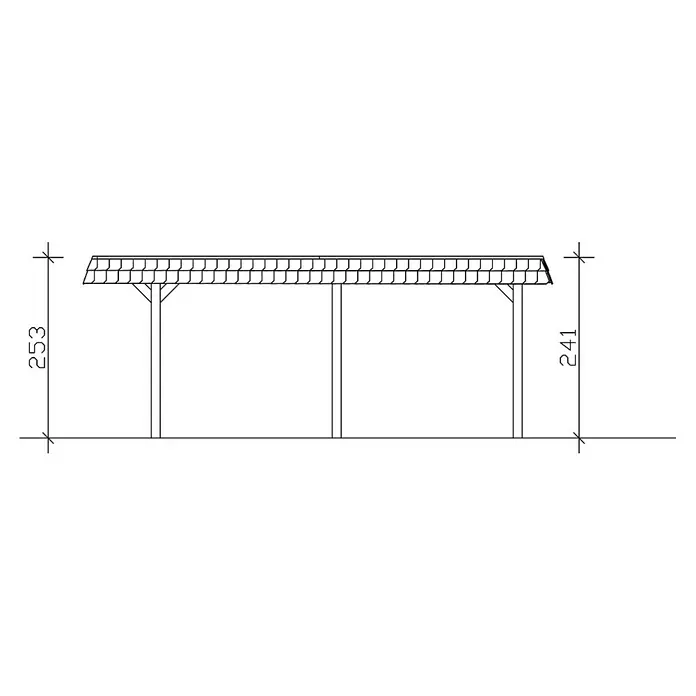 SKAN HOLZ Carport Wendland - Außenmaß inkl. Dachüberstand (B x T): 6,3 x 6,37 m, Doppelcarport, Eiche Hell, Farbe Dach: Anthrazit, Materialspezifizierung Dach: Aluminium-Dachplatten - Abbildung eines Carports mit Dach, dessen Höhe links 253 und rechts 241 beträgt. Es hat drei Stützpfeiler.