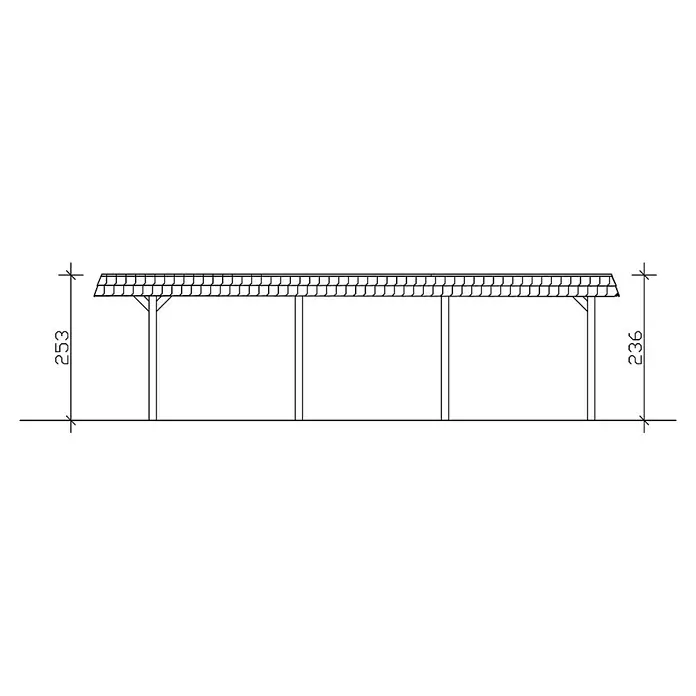 SKAN HOLZ Carport Wendland - Außenmaß inkl. Dachüberstand (B x T): 6,3 x 8,79 m, Doppelcarport, Eiche Hell, Materialspezifizierung Dach: EPDM-Folie, Fichte, Ohne Abstellraum - Abbildung eines Unterstandes mit vier Stützen und einem schindelgedeckten Dach. Die Höhe der Pfosten variiert leicht.