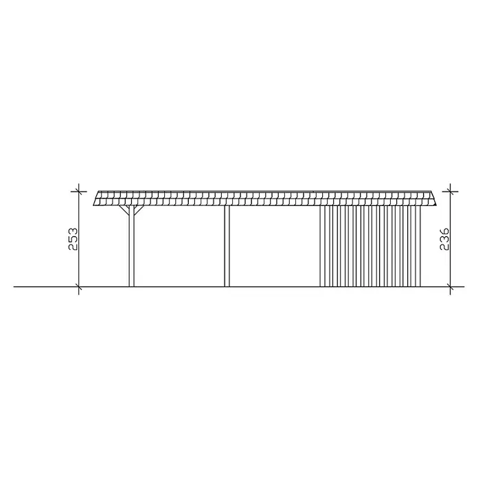 SKAN HOLZ Carport Wendland - Außenmaß inkl. Dachüberstand (B x T): 6,3 x 8,79 m, Doppelcarport, Natur, Materialspezifizierung Dach: EPDM-Folie, Fichte, Mit Abstellraum - Darstellung einer Carport-Konstruktion mit Maßangaben, die die Höhe von 253 und 236 Einheiten zeigen.