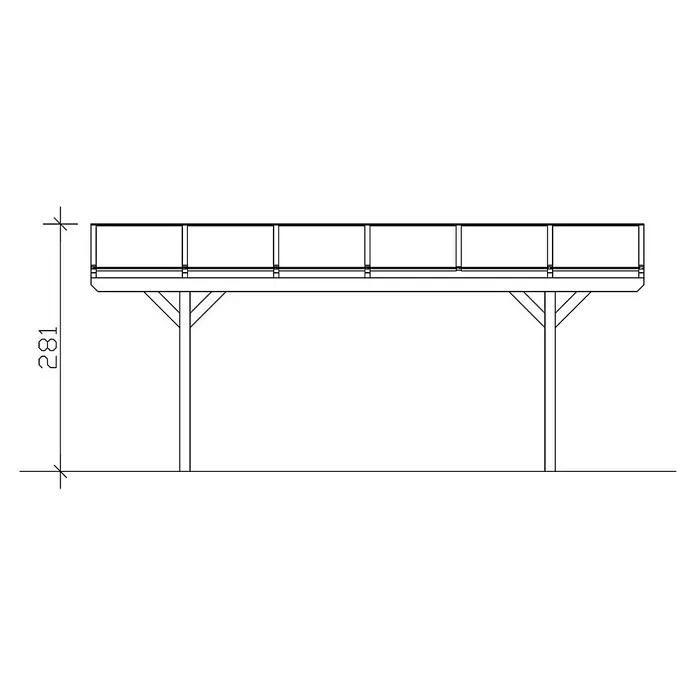 SKAN HOLZ Carport Westerwald - Außenmaß inkl. Dachüberstand (B x T): 3,62 x 6,48 m, Einzelcarport, Natur - Skizze eines Unterstandes mit Geländer und einer Höhe von 281 Einheiten. Das Design ist einfach und funktional.