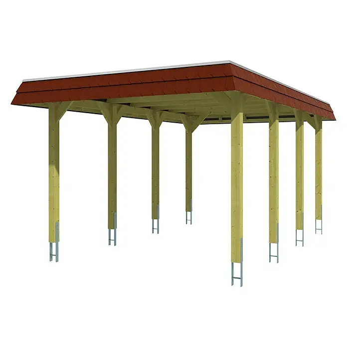 SKAN HOLZ Carport Spreewald - Außenmaß inkl. Dachüberstand (B x T): 3,45 x 5,89 m, Einzelcarport, Grün, Farbe Dach: Rot, Materialspezifizierung Dach: Aluminium-Dachplatte - Holzcarport mit rotem Dach und stabilen Pfosten für zuverlässigen Schutz vor Witterungseinflüssen. Langlebige Konstruktion für Ihr Fahrzeug.