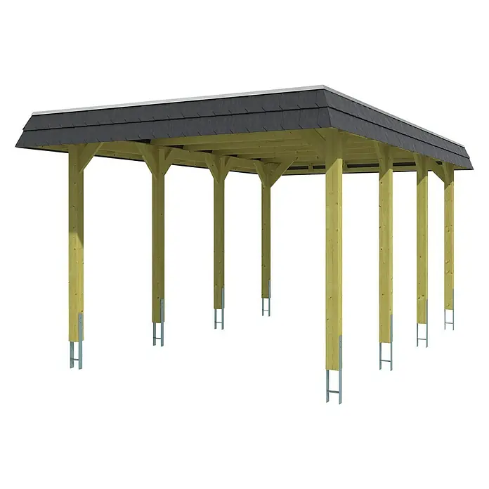 SKAN HOLZ Carport Spreewald - Außenmaß inkl. Dachüberstand (B x T): 3,45 x 5,89 m, Einzelcarport, Grün, Farbe Dach: Schwarz, Dachschalung mit EPDM-Folie - Abbildung eines Holzpavillons mit dunklem Schindeldach, der auf mehreren Pfosten mit Metallstützen steht.