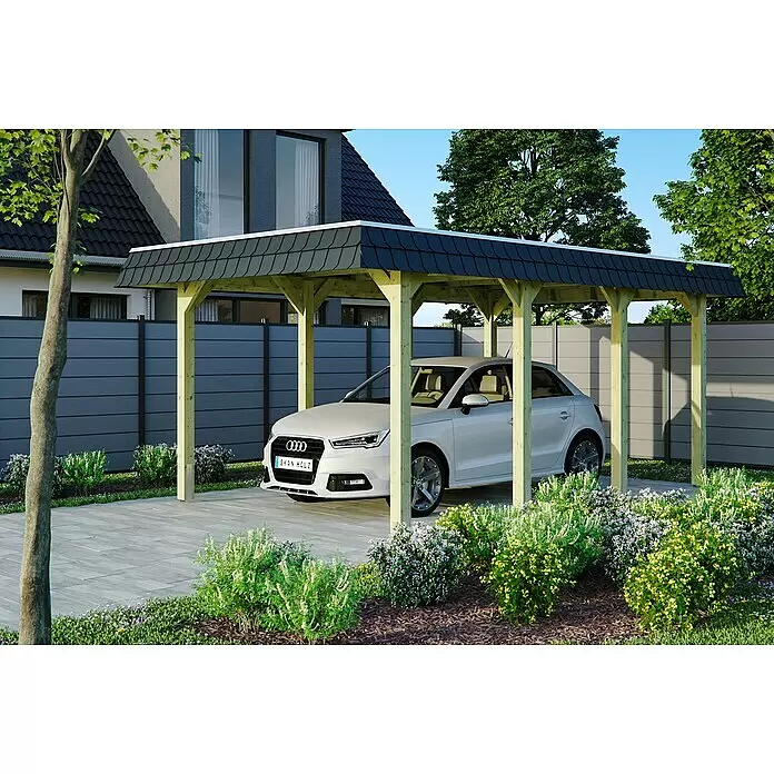 SKAN HOLZ Carport Spreewald - Außenmaß inkl. Dachüberstand (B x T): 3,45 x 5,89 m, Einzelcarport, Grün, Farbe Dach: Schwarz, Dachschalung mit EPDM-Folie - Anwendungsbeispiel