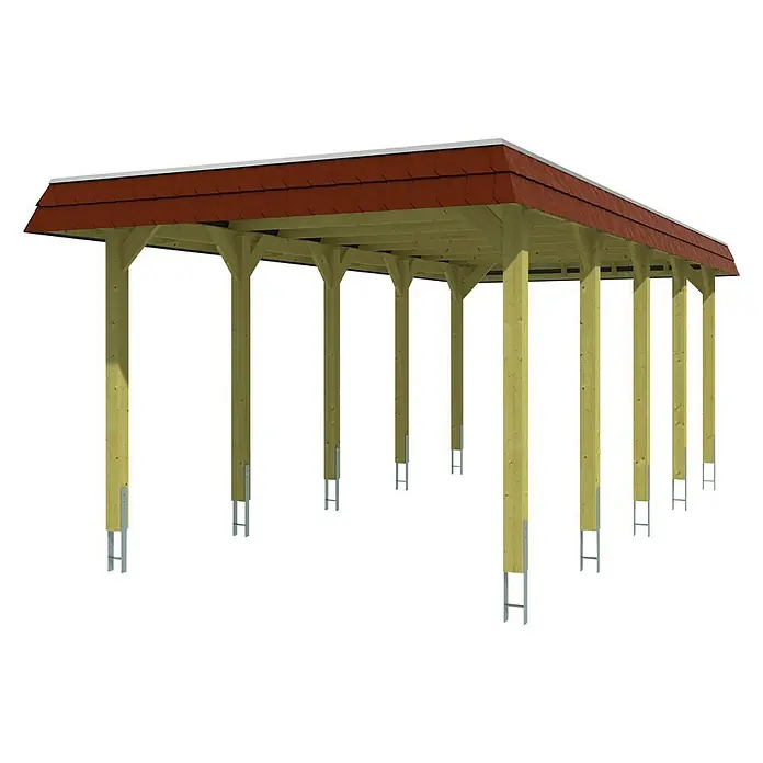 SKAN HOLZ Carport Spreewald - Außenmaß inkl. Dachüberstand (B x T): 3,45 x 7,41 m, Einzelcarport, Grün, Farbe Dach: Rot, Materialspezifizierung Dach: Aluminium-Dachplatten - Eine perspektivische Ansicht einer Carport-Struktur mit roten Dachziegeln und hellbraunen Holzpfosten.
