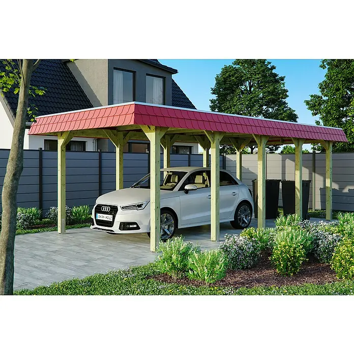 SKAN HOLZ Carport Spreewald - Außenmaß inkl. Dachüberstand (B x T): 3,45 x 7,41 m, Einzelcarport, Grün, Farbe Dach: Rot, Materialspezifizierung Dach: Aluminium-Dachplatten - Ein Carport aus Holz mit rotem Dach schützt ein weißes Auto vor den Elementen und bietet praktischen Unterstand.